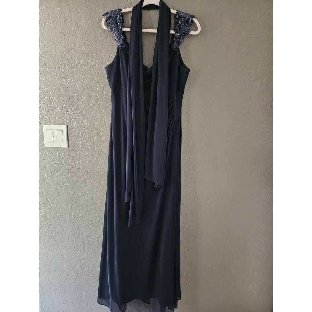 Alex Evenings Navy Evening Gown‎ Size 14 Cowl Neck Beaded Shoulder Maxi Dress